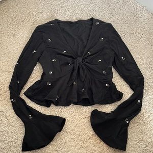 Embroidered Crop Flare Sleeve Top